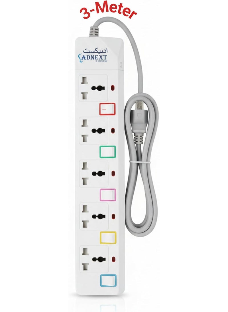 Adnext Power Socket with 5 Way Outlets and Extension Cord, 3 Meter Length, White - Image 1